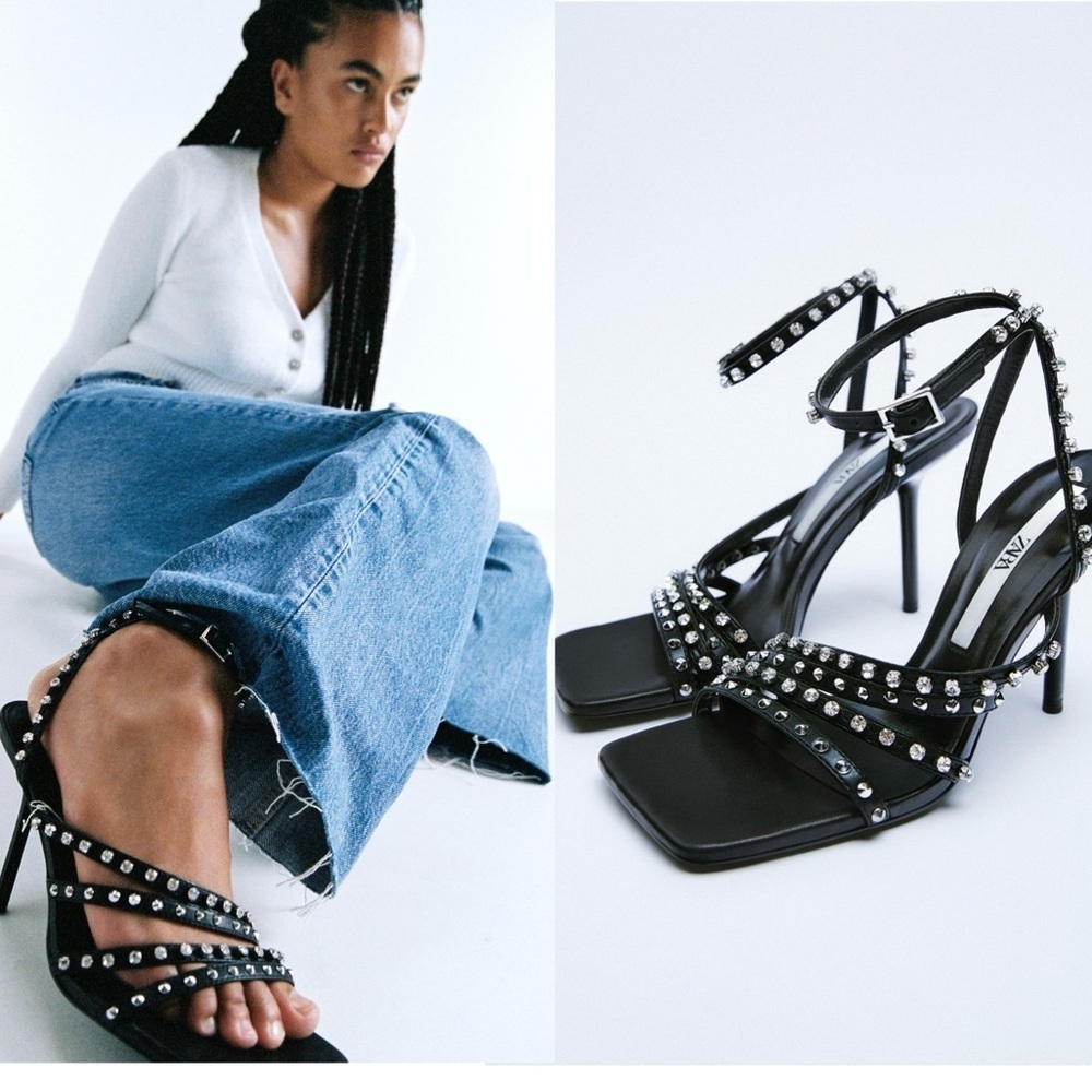 Zara black strappy crystal rhinestone studded embellished sandal high heel Sz 6 - Picture 3 of 12